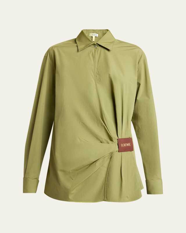 Draped Poplin Leather Patch Blouse